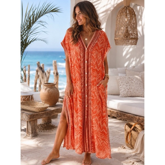 Garnet Hill Dresses & Skirts - Garnet Hill Maxi Dress M Gauze Organic Cotton Orange Beach Cover Up Slit Buttons